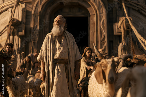 Biblical figure noah standing before a large wooden ark with livestock and people in a desert landscape at sunset