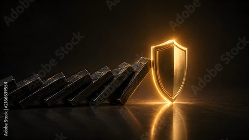 Glowing golden shield stopping falling dominoes for business risk management and crisis protection concept