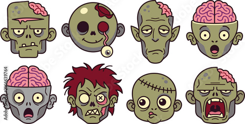 Zombie cartoon character head avatar stickers set with exposed brains and eyeballs on white background,