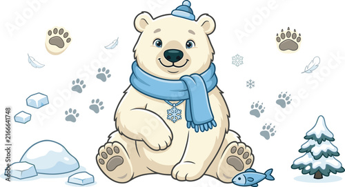 Cute polar bear wearing scarf winter arctic elements footprints snow tree isolated cartoon flat vector illustration