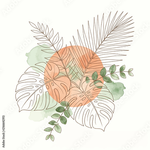 Tropical leaf line art illustration with watercolor circle and monstera foliage design