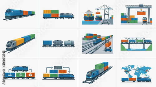 Modern Illustrated Guide to Global Freight and Passenger Train Transportation Systems with Colorful Containers