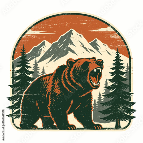 Vintage Grizzly Bear Roaring in Mountain Forest Badge Illustration