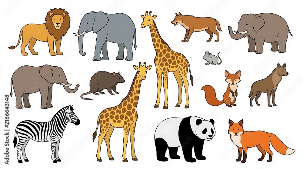 Obraz premium Colorful vector illustration of African safari wildlife animals set isolated on white background