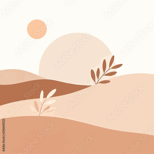 Abstract boho landscape with sun and leaves in minimalist flat vector illustration style