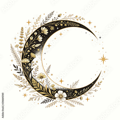 Celestial crescent moon with floral wreath and golden stars vector illustration