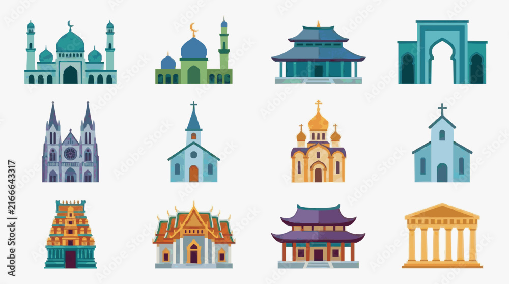 Fototapeta premium Professional Colorful Icons of Diverse Religious and Architectural Buildings Including Mosques Pagodas Churches Temples and Ancient Structures