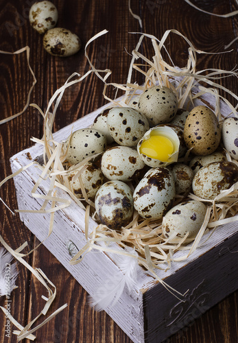 quail eggs in a nest on wooden background