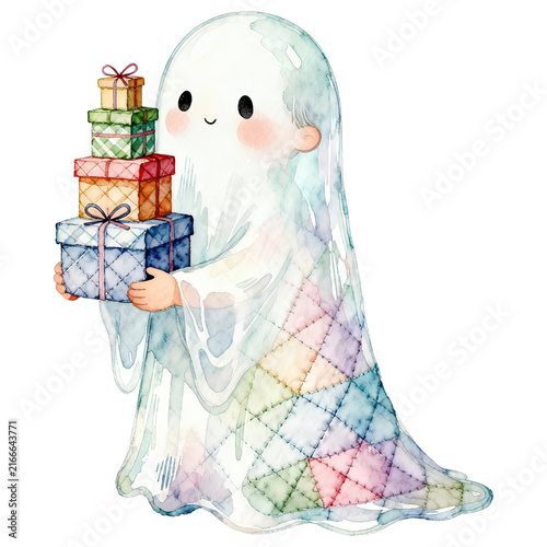 A charming, transparent ghost character, adorned with a pastel quilt-like pattern, tenderly holds a stack of brightly wrapped gift boxes, radiating a sense of gentle warmth and festive cheer.