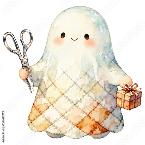 A whimsical watercolor illustration depicts a cute, friendly ghost character adorned with a patchwork-quilted pattern, holding a pair of scissors in one hand and a small gift box in the other.