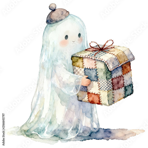 A cute, watercolor illustration of a friendly ghost holding a handmade, patchwork quilt gift box, with a small hat on its head.