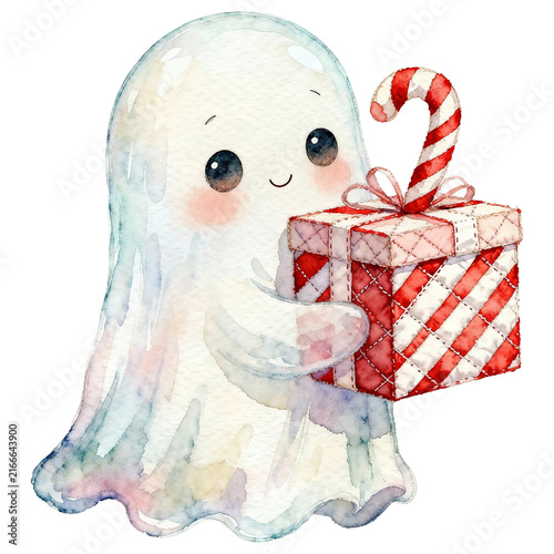 Happy Santa Claus holding wrapped gift box on white background