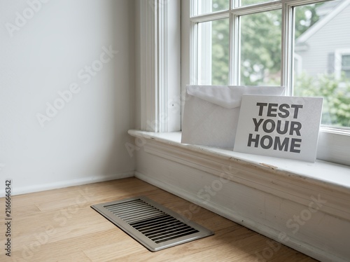 Radon Test Results Information Card and White Envelope on a Wooden Windowsill for Real Estate Home Inspection and Indoor Air Quality Safety Assessment