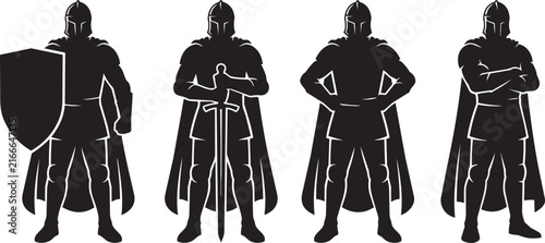 Obraz na plátne Four medieval knights in armor standing confidently side by side in black silhou