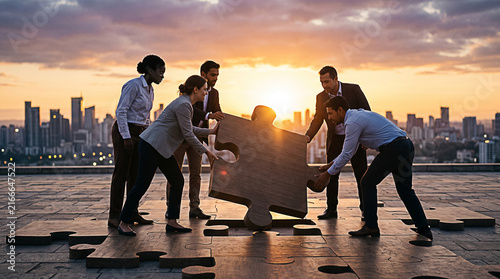 Silhouettes of diverse business people teamwork assembling giant wooden jigsaw puzzle pieces on rooftop terrace at golden hour sunset, 
