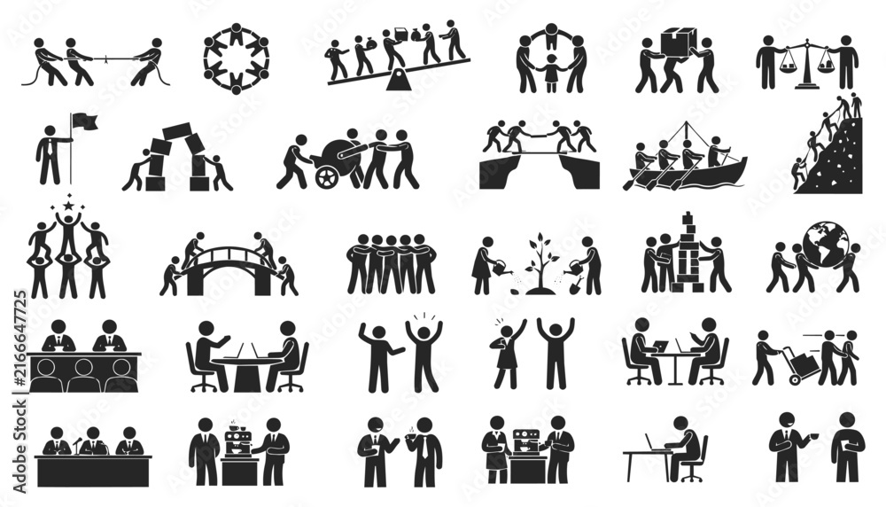 Obraz premium A set of icons related to teamwork, unity, leadership, success, and organizational development, using images of people and symbols to convey the power of collaboration. 30 icons.