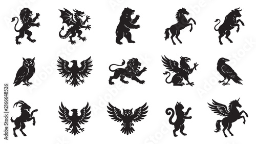 Heraldic animal silhouettes collection, 15 vintage medieval crest icons, black mythical creature vector set for logos and branding