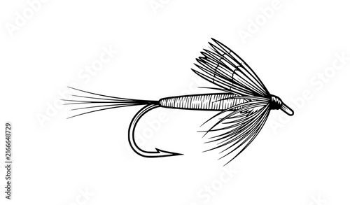 Minimal Dry Fly Fishing Lure for Trout Angling Black and White Vector Illustration