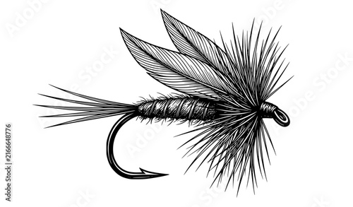Traditional Dry Fly Fishing Lure Detailed Monochrome Vector Line Art