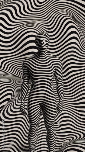 A striking optical illusion artwork featuring wavy lines that create a dynamic sense of movement and depth. Hidden within the abstract pattern is the subtle silhouette of a standing human figure.