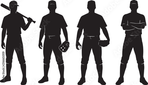 Four Baseball Players Silhouette Standing Together with Bats, Gloves and Ball

Black silhouette illustration of four baseball players standing together in different poses, featuring baseball bats