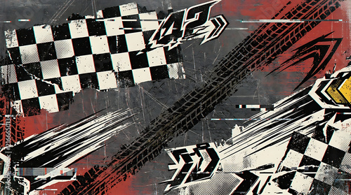 Abstract racing-themed digital art with dynamic brush strokes and checkered patterns