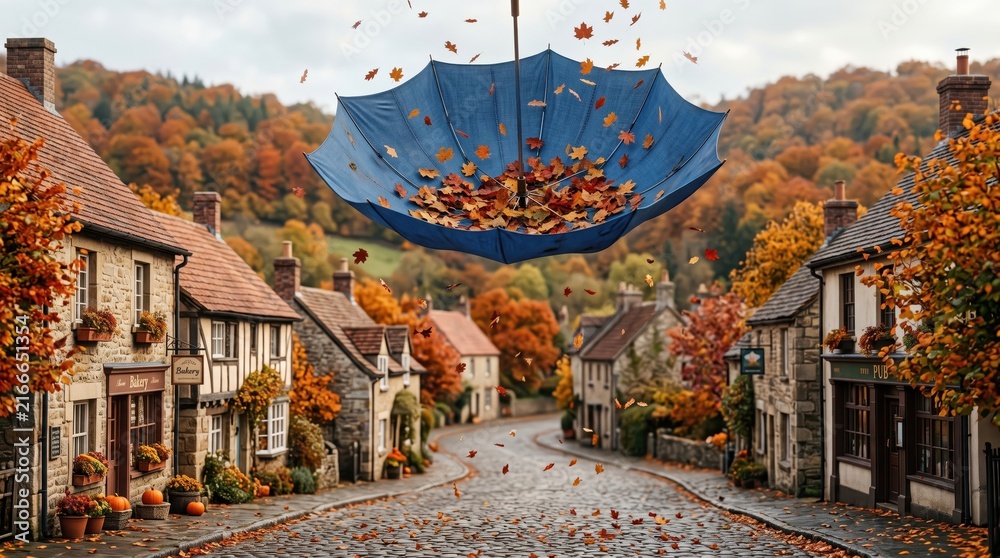 Obraz premium Blue umbrella catching falling autumn leaves in a quaint European village street scene.