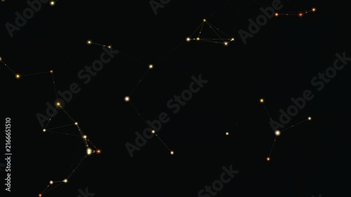 Abstract digital network connection with glowing golden plexus nodes and lines on black background