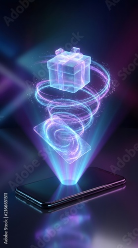 Naklejka Smartphone projecting holographic gift and secure card.