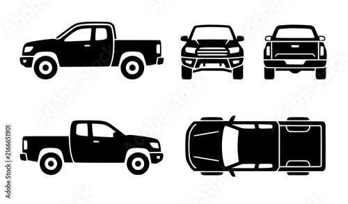 Pickup Vehicle Automotive Pictogram Side Front Rear Top Black Vector Icons
