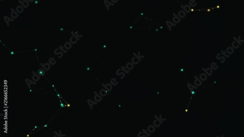 Abstract dark background with glowing green and yellow digital connections, lines, and dots representing data network communication, cyber security, and technology
