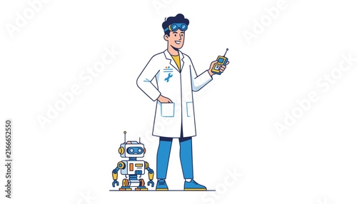 Young scientist in a white coat holding a device, standing next to a small robot in a bright and professional laboratory environment.