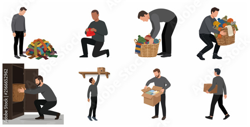 Men organizing clothes and boxes for decluttering storage or moving house vector illustration set