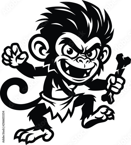 Photography A fierce cartoon monkey character holding a bone in a striking vector illustration style