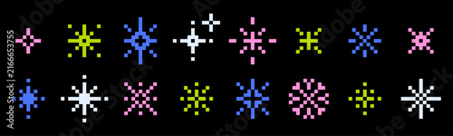 Pixel art star and sparkle icons in neon pink, blue, green and white color on black background. Y2K retro 8 bit video arcade game pixelated style, shiny glowing symbols. Vector illustration