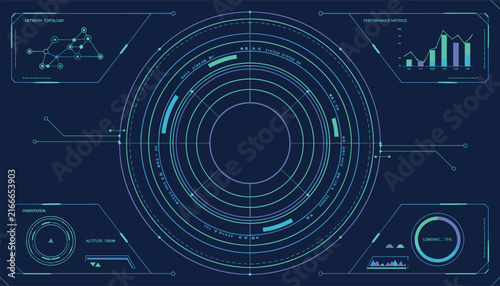 Futuristic digital dashboard interface with circular radar and data charts showing real-time system performance and information analysis.