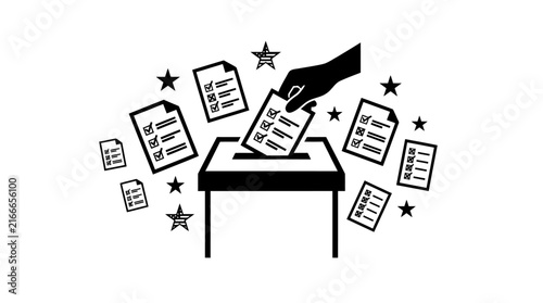 Foto Black and white graphic illustration of a hand casting a ballot into a ballot box, surrounded by floating ballot papers and stars, representing elections and democracy