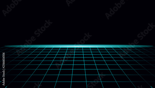Abstract digital background featuring a glowing cyan horizon line with perspective grid lines receding into a dark void representing futuristic technology and cyberspace concepts