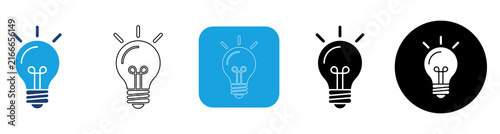Light Bulb Idea Icon Set with Blue Fill, Gray Outline, Blue Square White Outline, Black Fill, Black Circle White Fill Variations Collection 5 Styles Isolated on Transparent Background