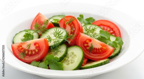 Freshly prepared salad featuring sliced ripe red tomatoes and crisp green cucumbers tossed in a bowl with light dressing and green herbs, healthy, oil, appetizer