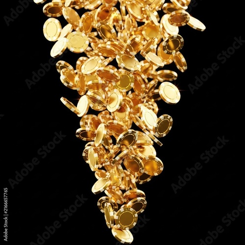 Golden casino chips cascading in a continuous realistic loop with high gloss reflections and elegant motion against a deep dark backdrop, virtual, rain, gambling