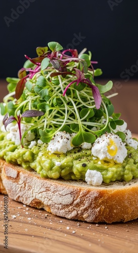 Gourmet avocado toast featuring creamy mashed fruit, crumbled goat cheese, and vibrant microgreens on a slice of crusty artisan bread, morning, fresh, goat cheese