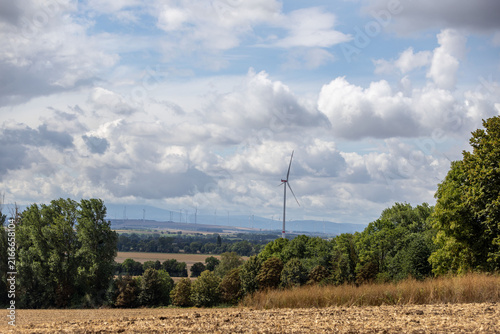 Landschaft  mit großen weisen Wolken und regen im Hintergrund