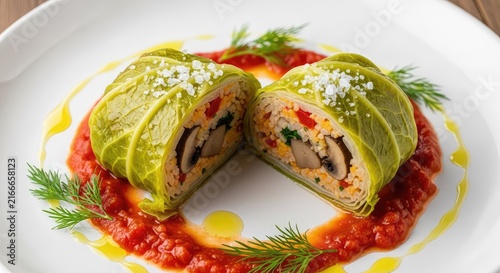 Gourmet close-up of savory vegetarian stuffed cabbage rolls seasoned with salt on a rustic wooden table, providing a healthy homemade meal, stuffed, green, culinary