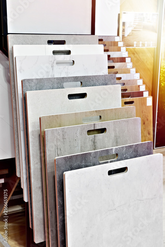 Ceramic tile samples on rack for interior