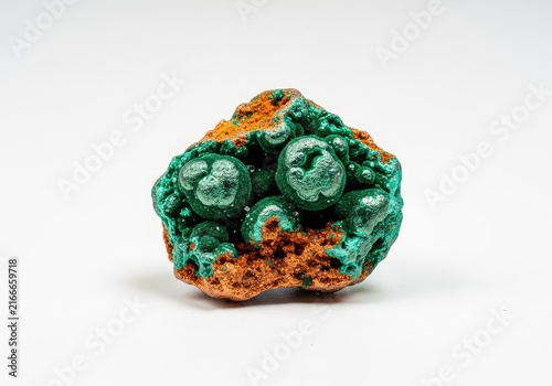 Raw specimen of natural copper ore with distinctive metallic green and orange textures isolated on a clean and bright white background, mountain, hard, copper