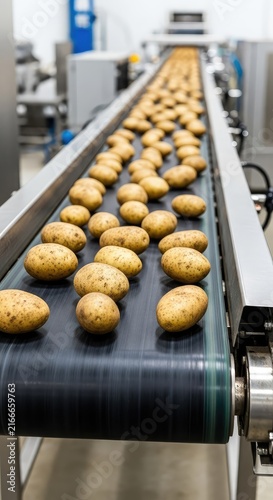 Rows of raw unwashed potatoes travel on a motorized conveyor belt during the sorting process at an industrial food production facility, harvest, mechanical, chain