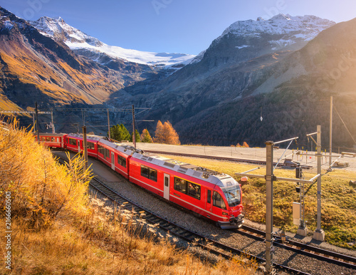 Red Bernina Express train passing through colorful autumn forest near glacier in the Swiss Alps  blue sky  golden trees and snowy mountain peaks. Travel in Switzerland. Red train and orange trees
