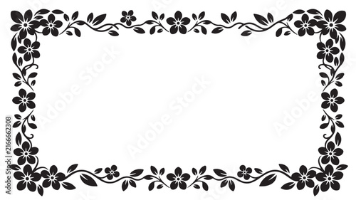 Vintage floral frame with black silhouette flowers. Decorative botanical border for wedding invitations. Elegant garden vine vector illustration.