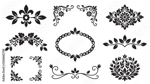 Vintage floral ornaments set, black decorative filigree dividers and borders, elegant victorian flourish vector elements for wedding invitations